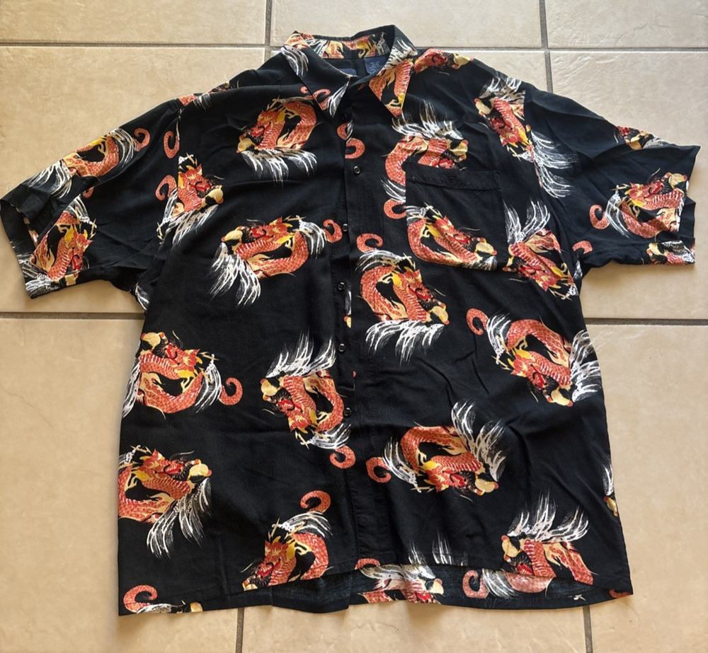 Puritan Black Rayon Dragon Large Button Up Short Sleeve Button up Collard Shirt